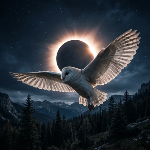 White owl spreading wings under eclipse