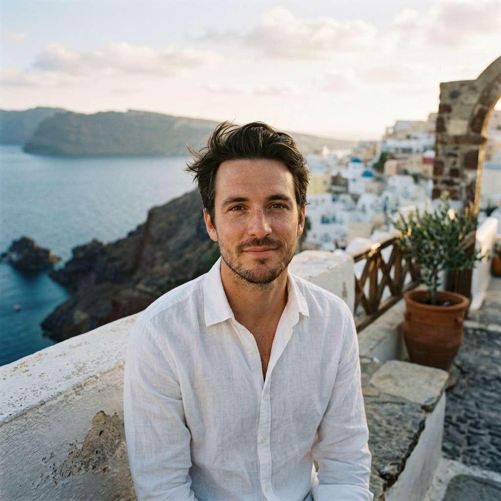An adult man with white linen shirt on coastal terrace