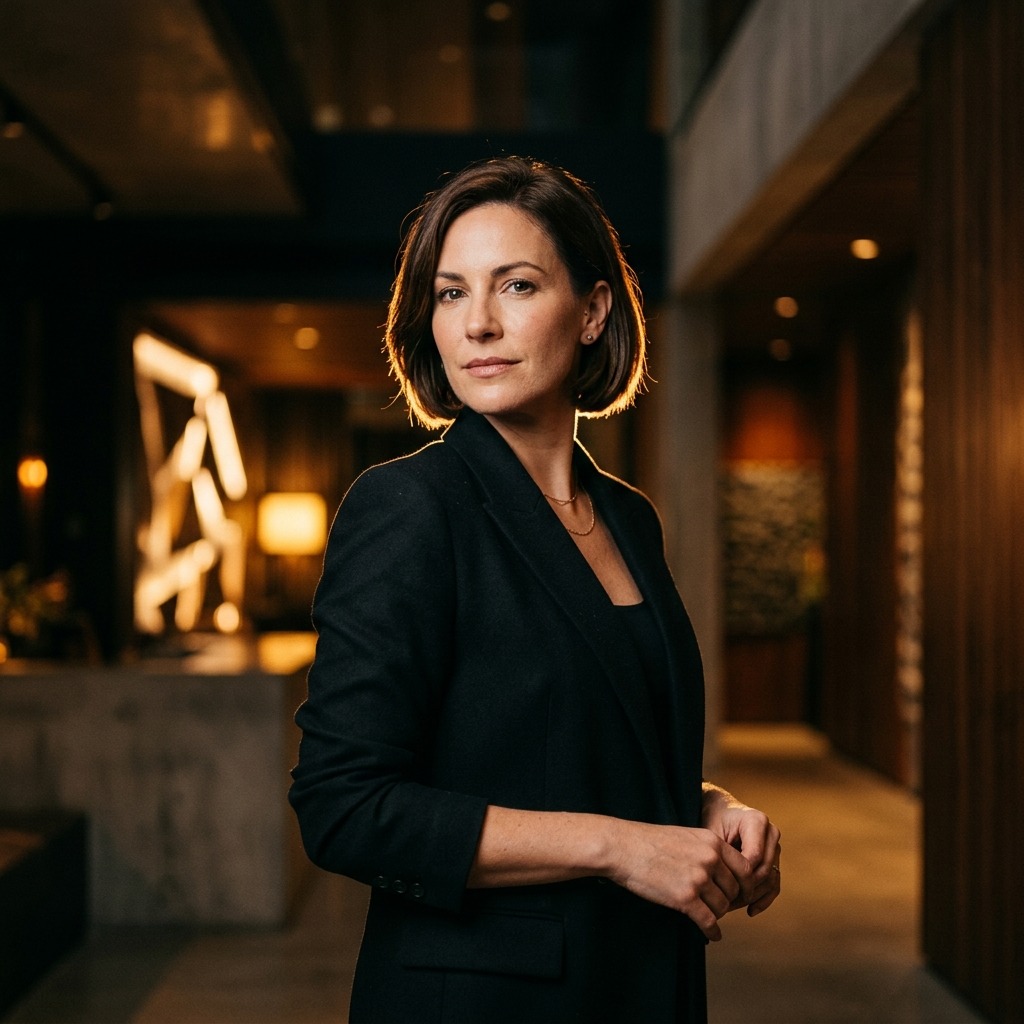 Confident adult woman in black suit with amber backlight