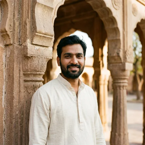 An adult man with cream kurta beside warm stone arches