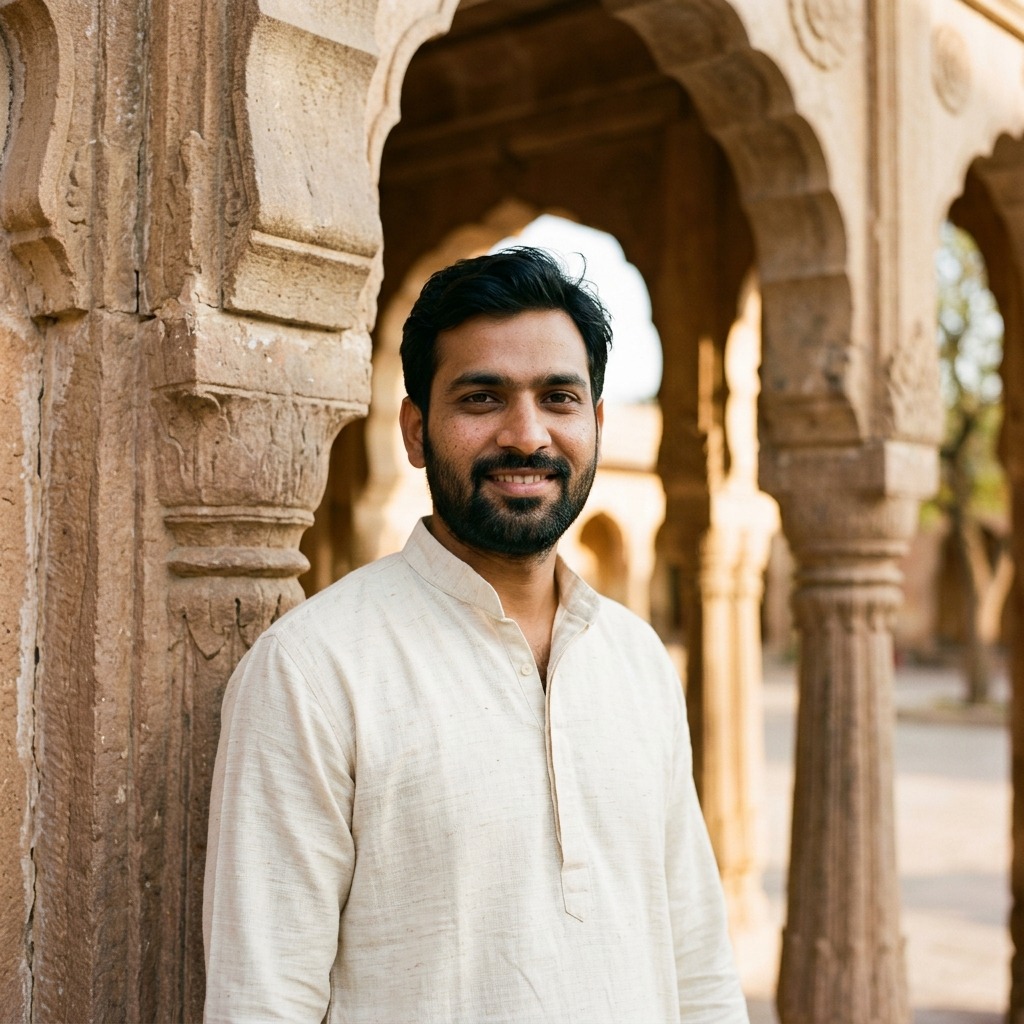 An adult man with cream kurta beside warm stone arches