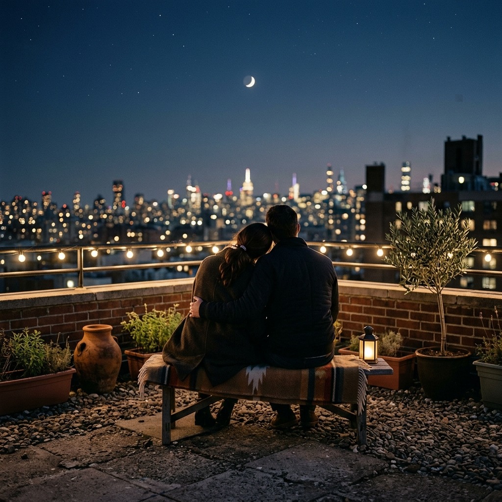 Adult couple sitting on a rooftop beneath a small crescent moon