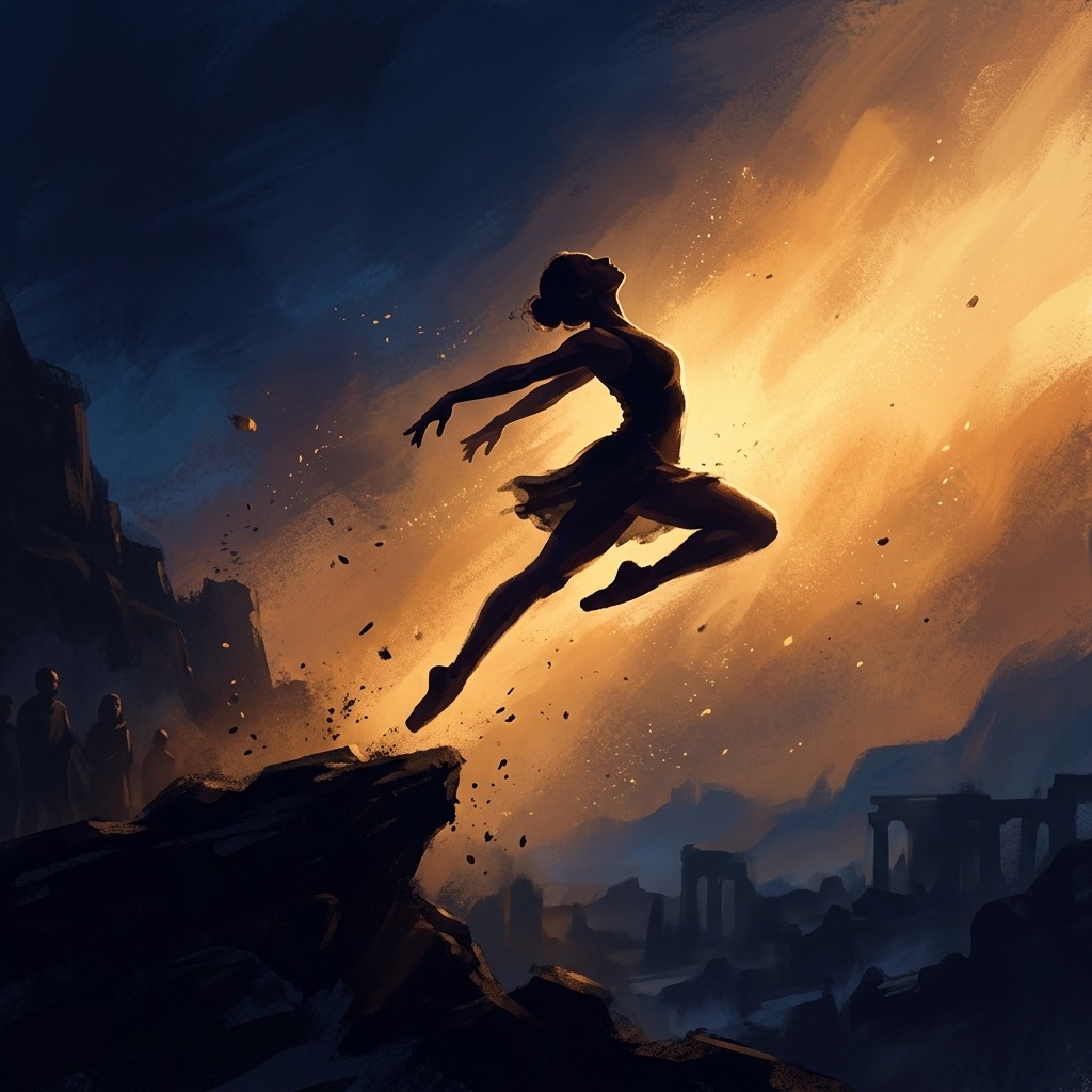 Dancer silhouette leaping toward amber light