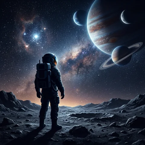 Astronaut silhouette standing beneath distant planets