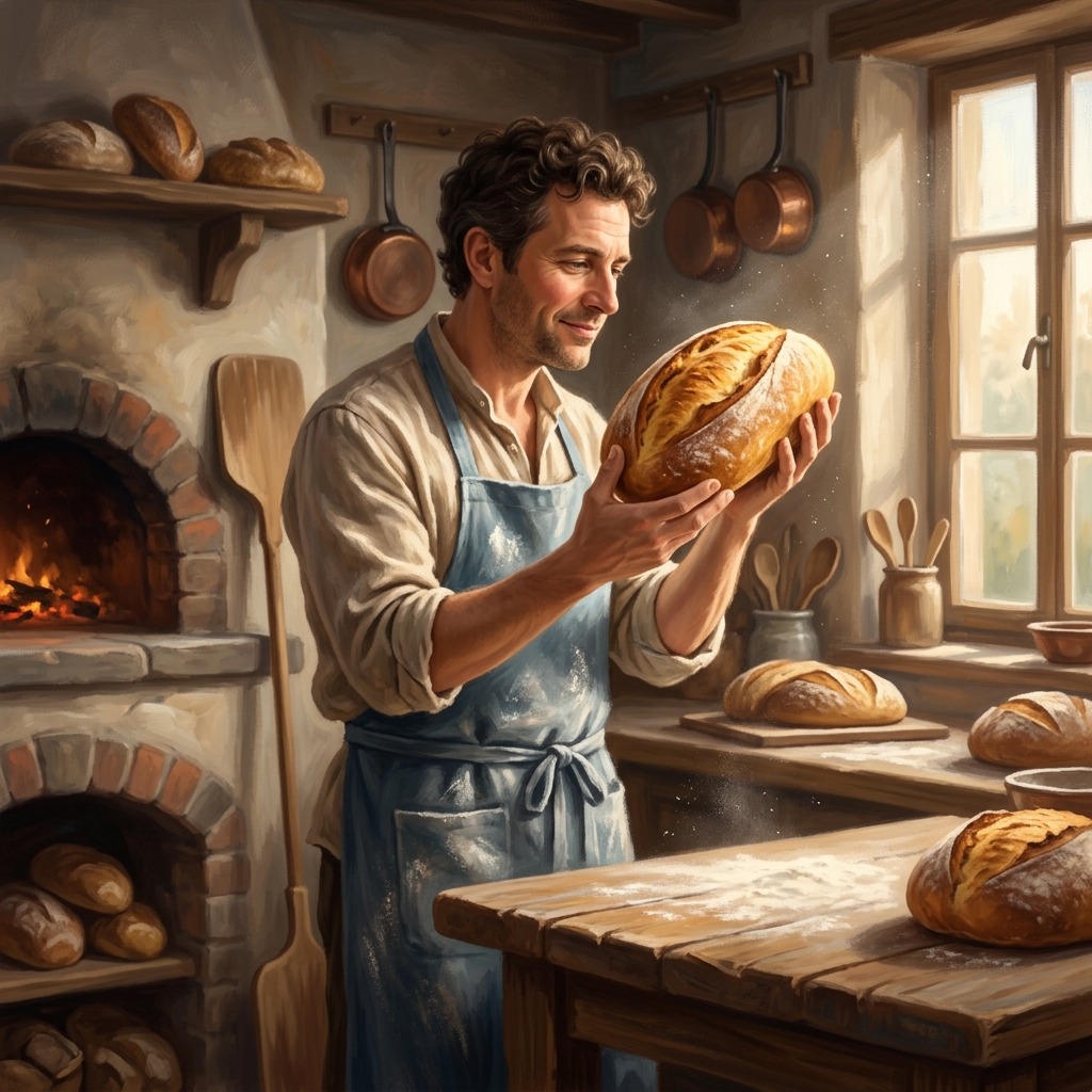Baker lifting a golden loaf in morning light
