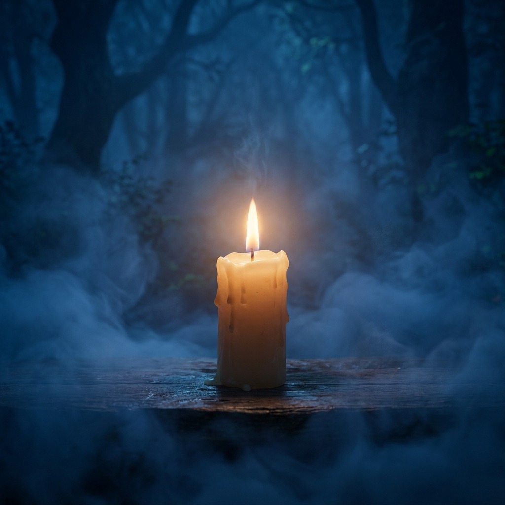Candle glowing through thick blue mist