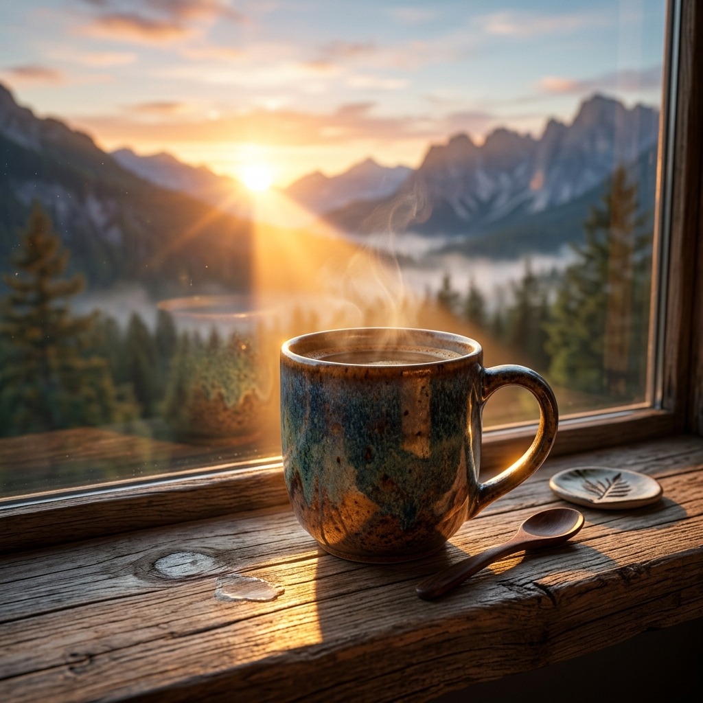 Ceramic cup catching the first ray of sunrise