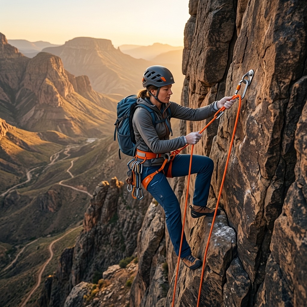 Climber securing a bright rope on a rock wall