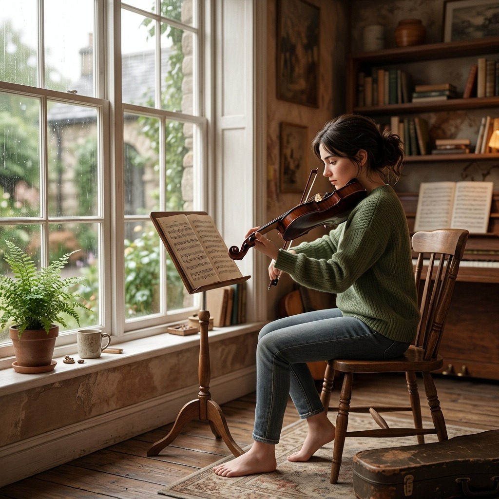 Musician practicing violin by a window