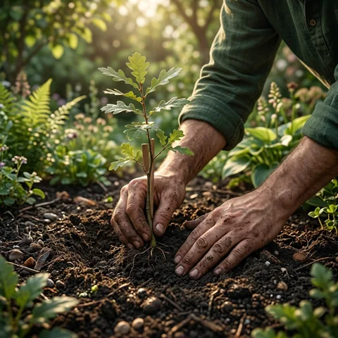 Pair of hands planting a sapling in rich soil