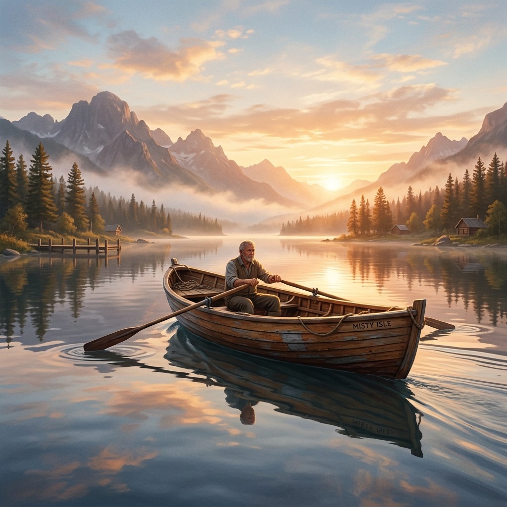 Repaired wooden boat returning to calm water