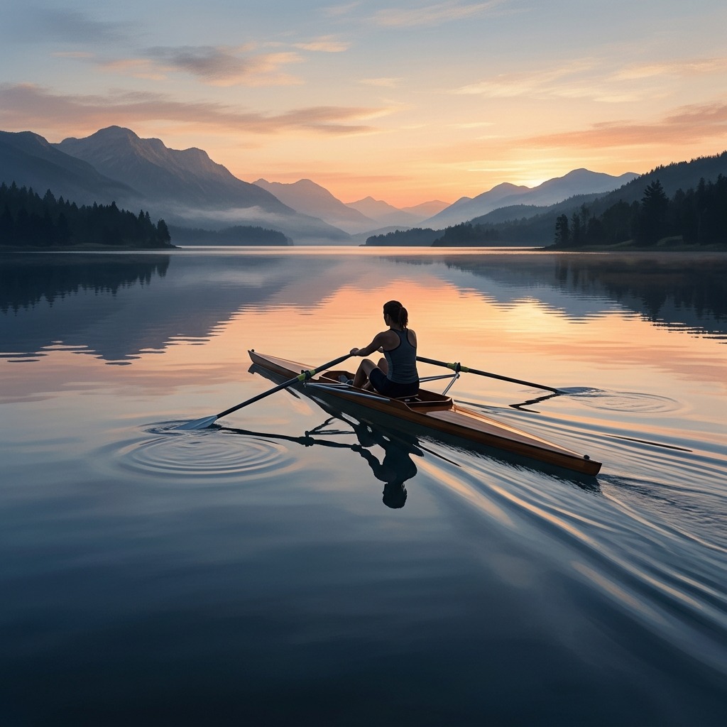 Rower crossing a mirrorlike lake at dawn