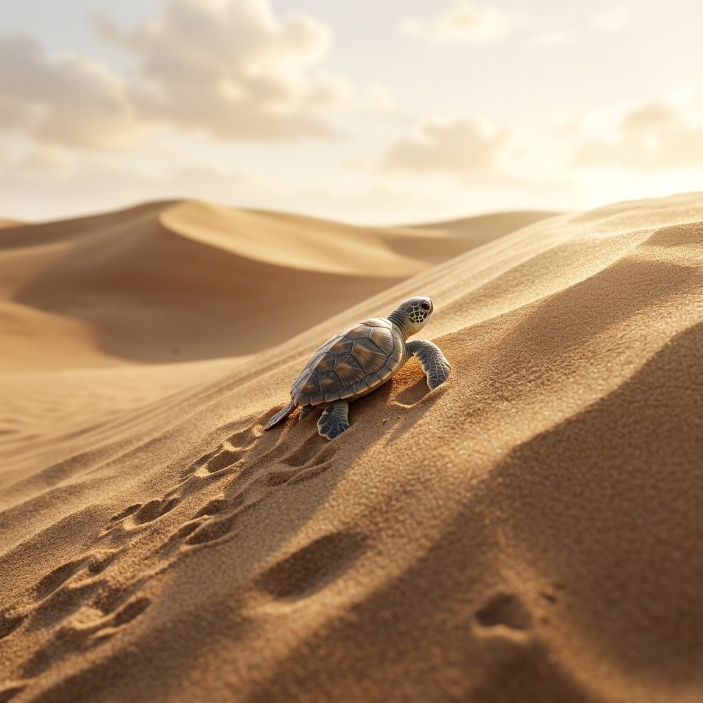 Small turtle climbing a sunlit sandy dune