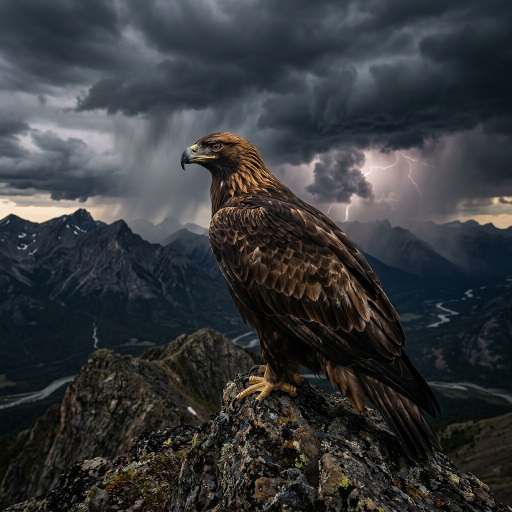 Golden eagle looking toward storm clouds