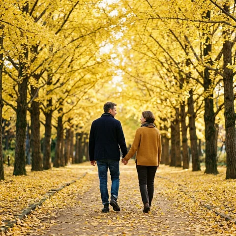 Adult couple walking beneath an avenue of golden ginkgo trees
