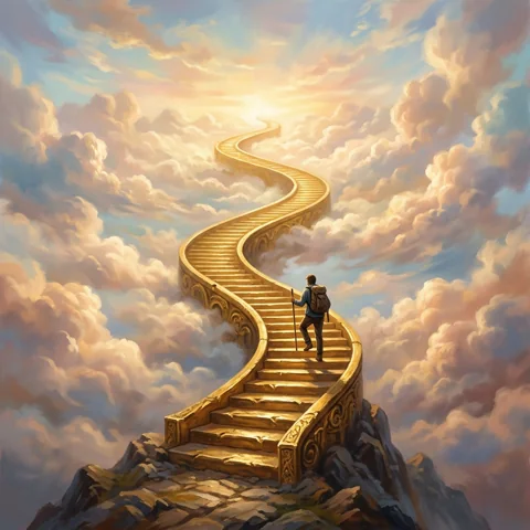 Golden stairway rising through soft clouds