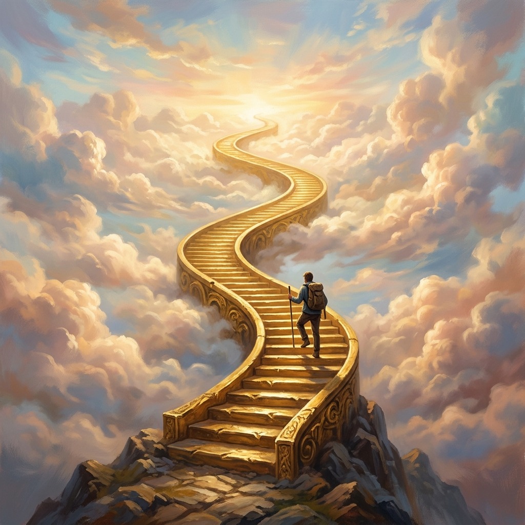 Golden stairway rising through soft clouds
