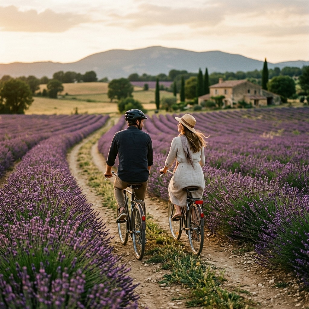 Adult couple riding bicycles through a lavender country lane