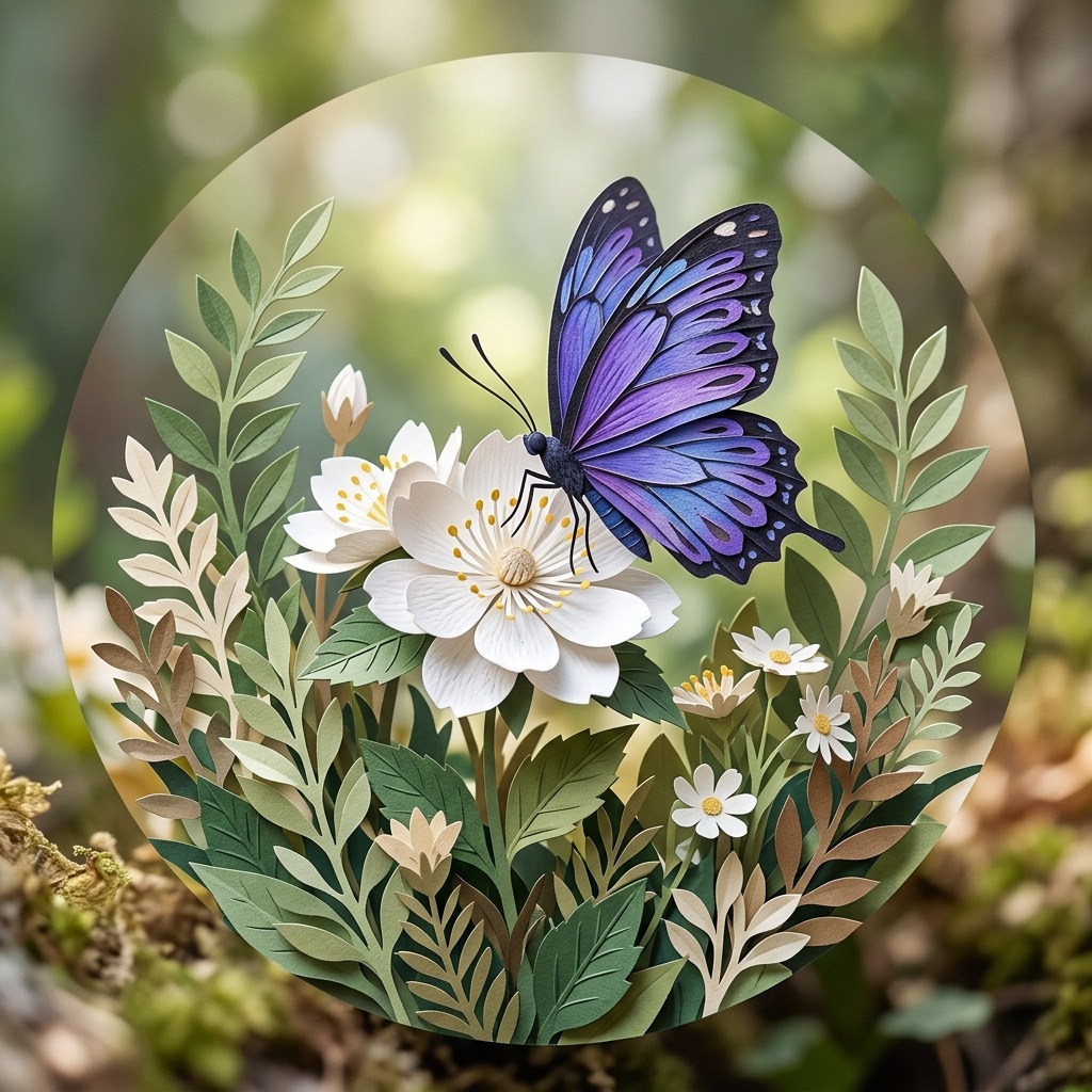 Violet butterfly resting on white blossom