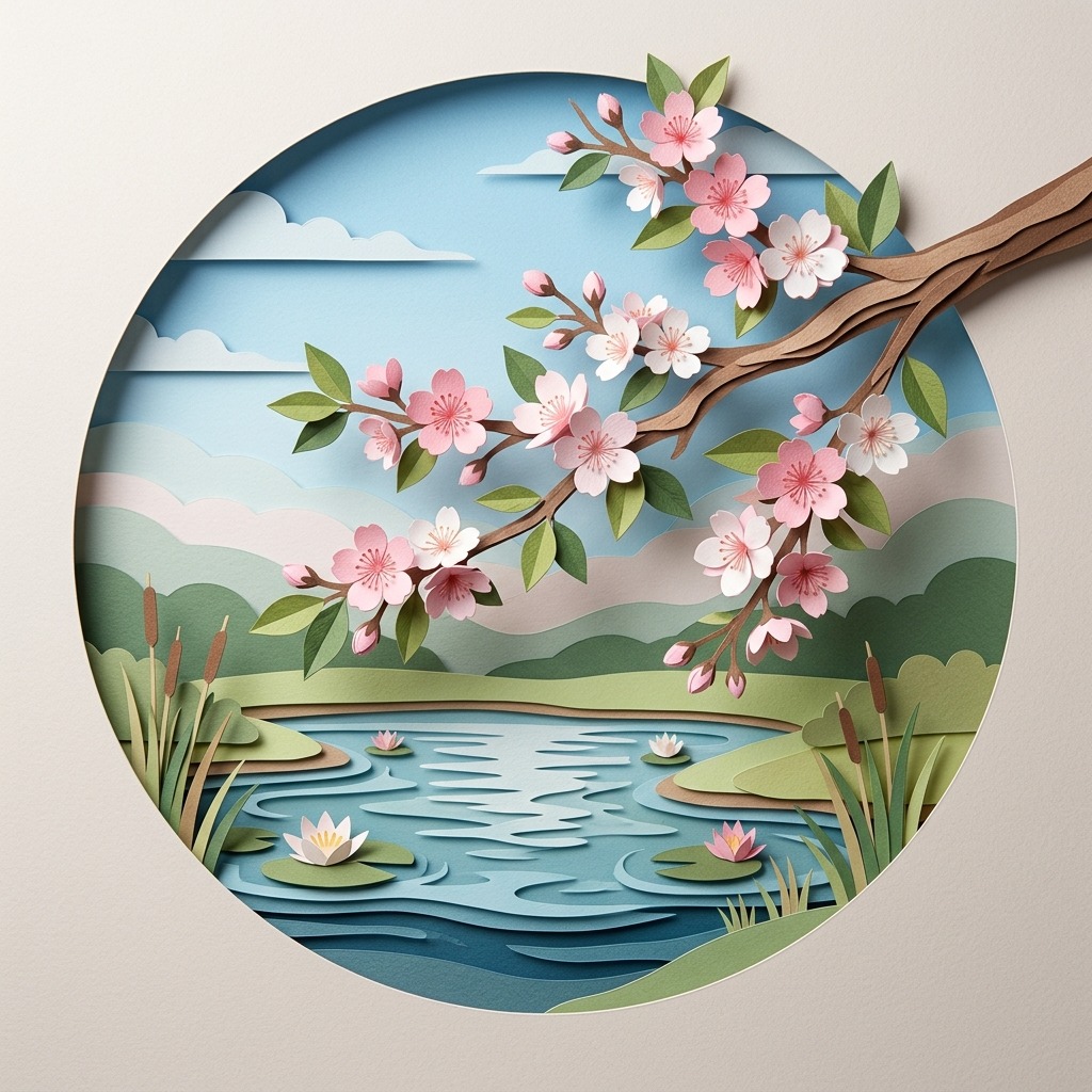 Cherry blossom branch above a pond