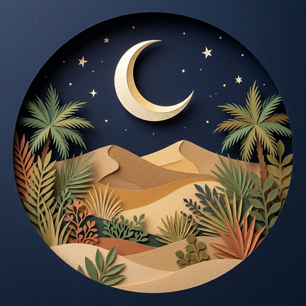 Crescent moon above desert dunes