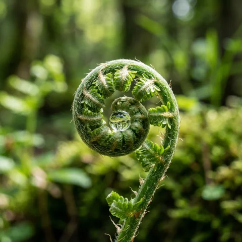 Single dewdrop on a fern unfurling