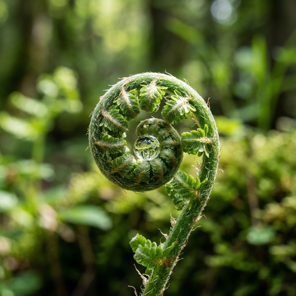 Single dewdrop on a fern unfurling