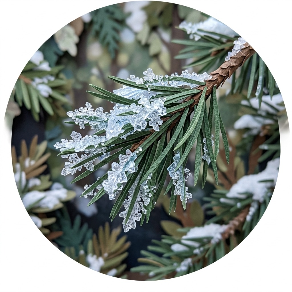 Ice crystals on a pine needle