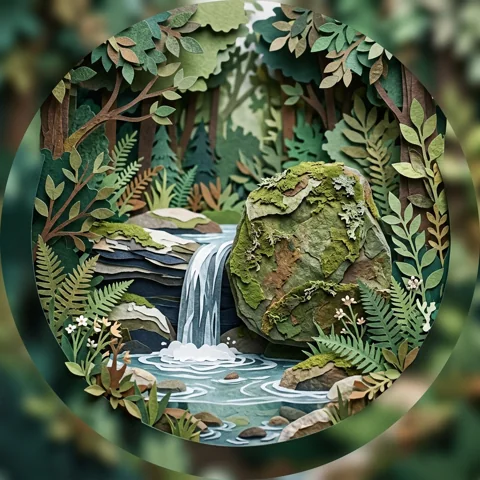 Mossy stone beside a tiny waterfall