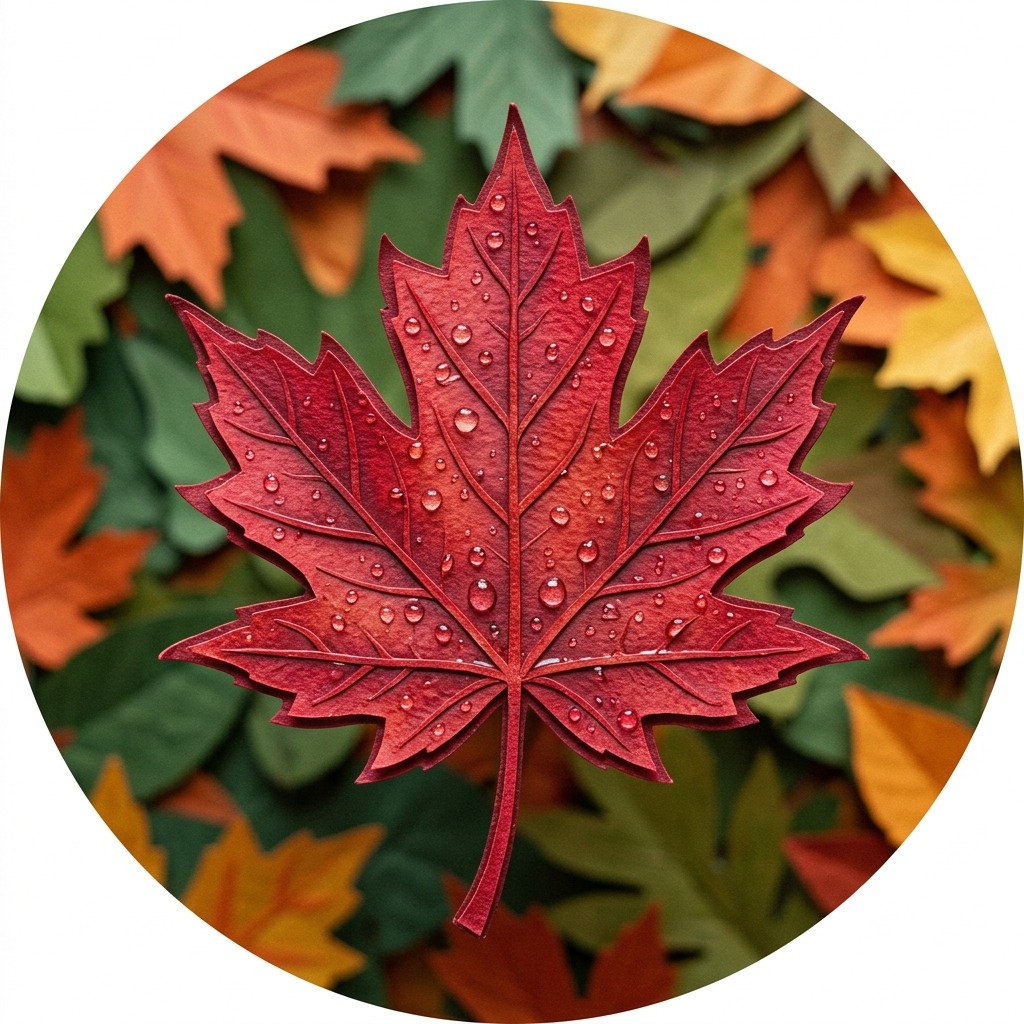 Rain droplets on a crimson maple leaf