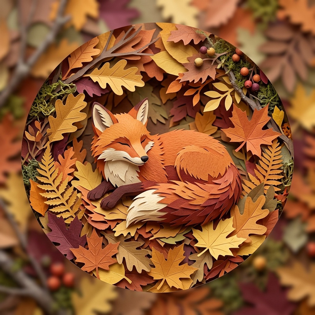 Red fox resting among autumn leaves