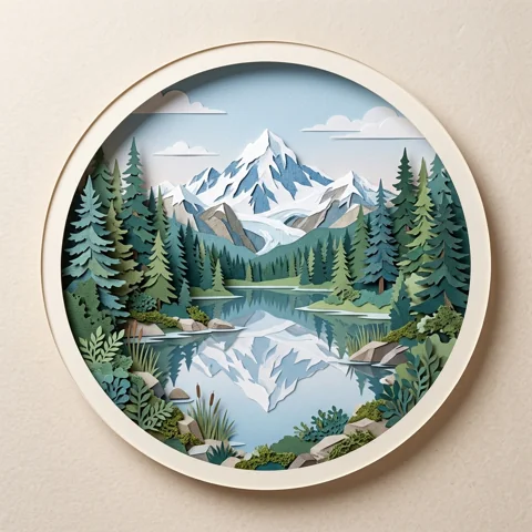 Snowy mountain reflected in still lake