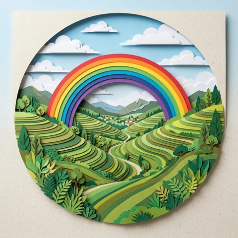 Rainbow over terraced green hills
