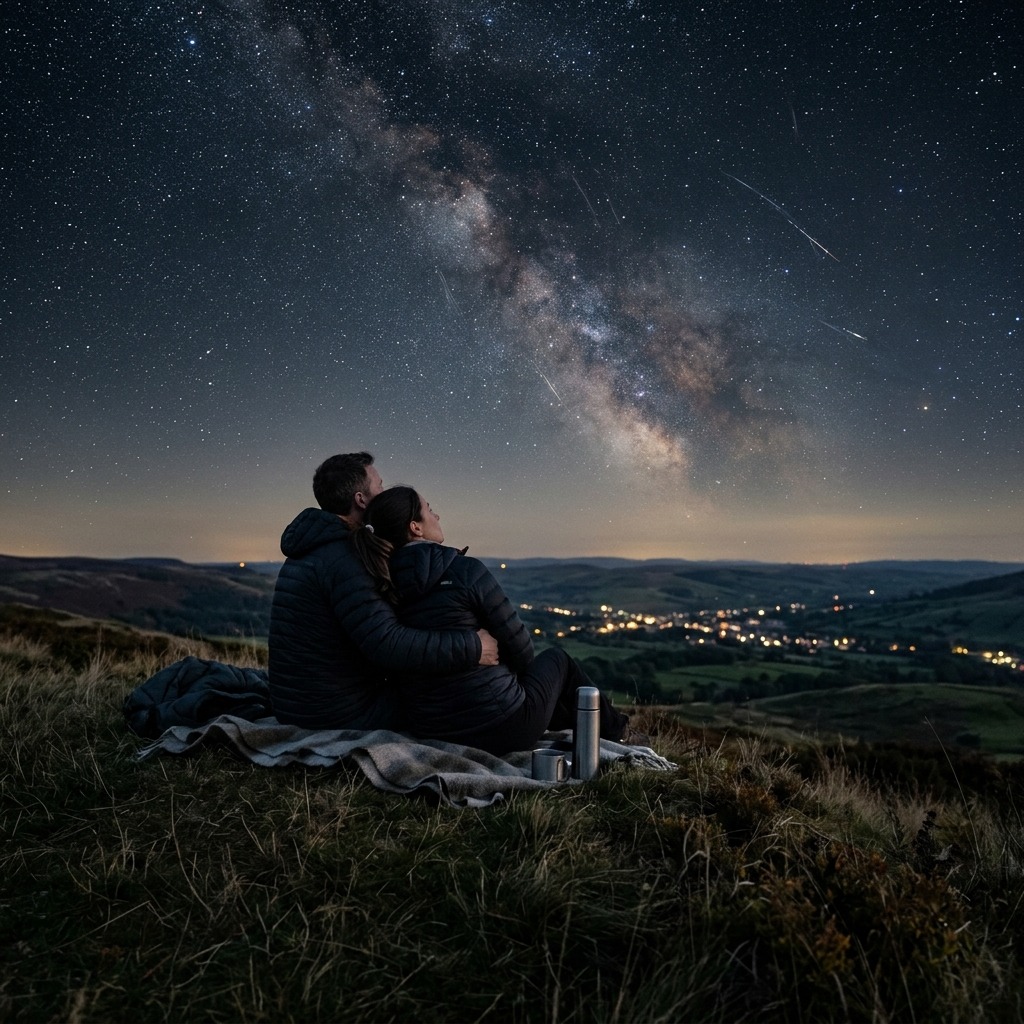 Adult couple watching a meteor shower from a grassy hill