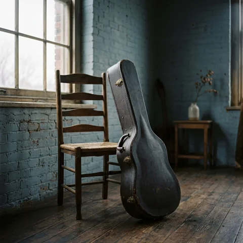 Closed guitar case beside an empty chair