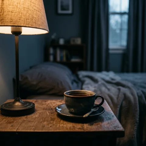 Dim lamp beside an untouched cup of tea