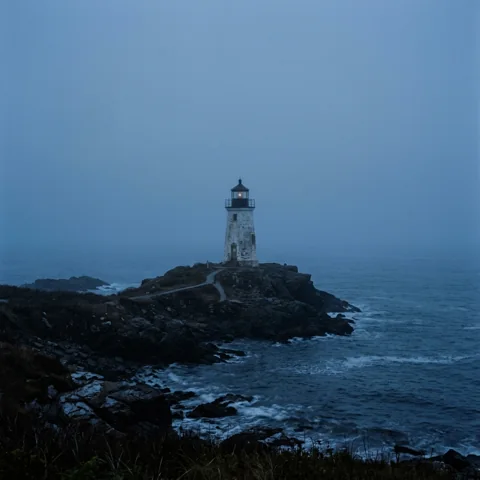 Lonely lighthouse beneath blue evening fog