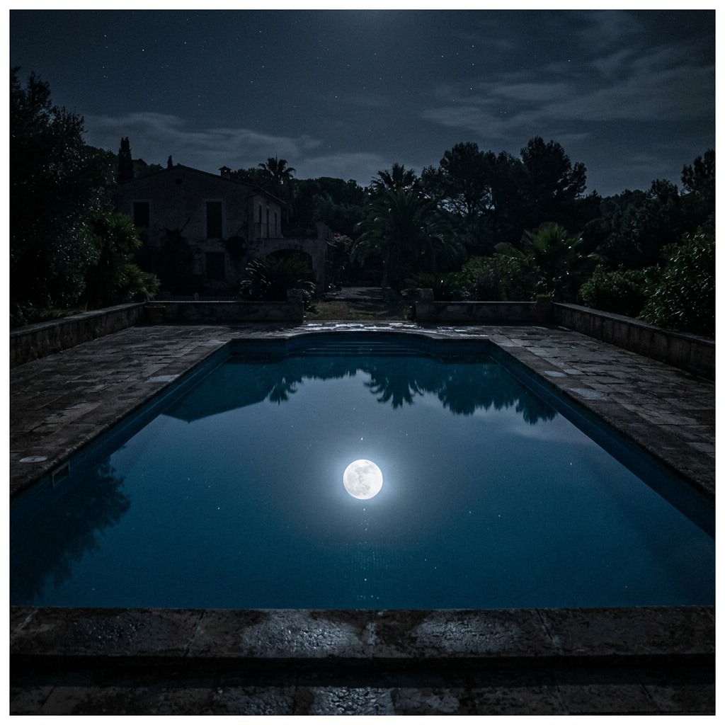 Moon reflected in an empty swimming pool