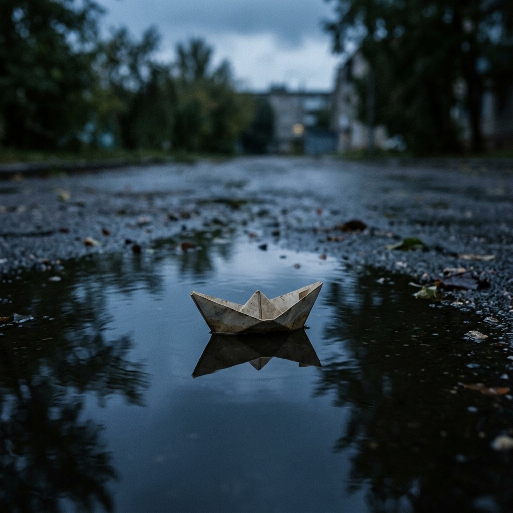 Paper boat drifting on a dark puddle