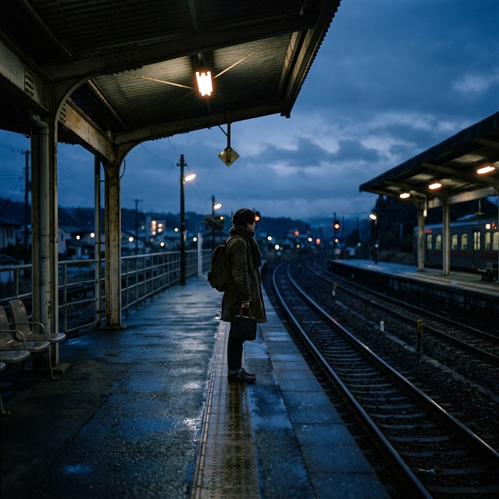 Quiet railway platform after sunset