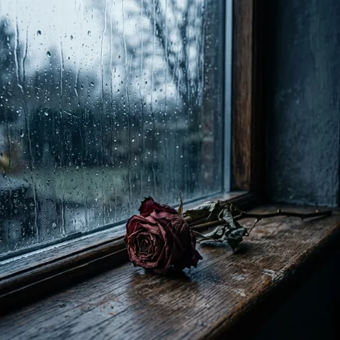 Wilted rose beside a rain-streaked window