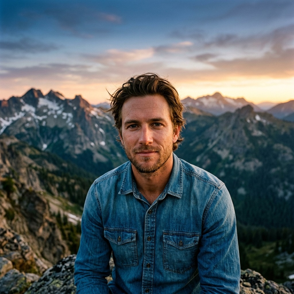 An adult man with denim shirt and mountain dawn