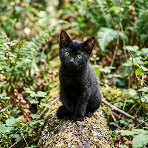 Black kitten with emerald eyes