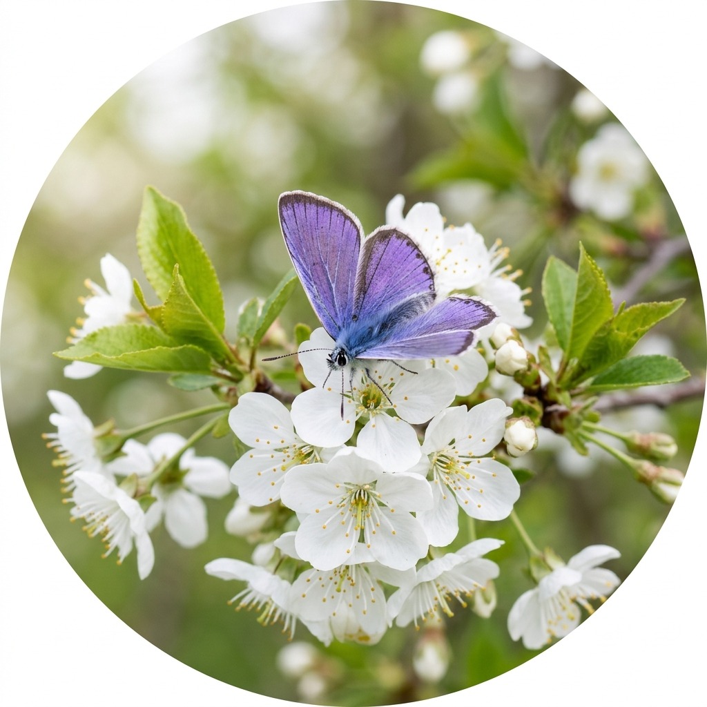 Violet butterfly resting on white blossom