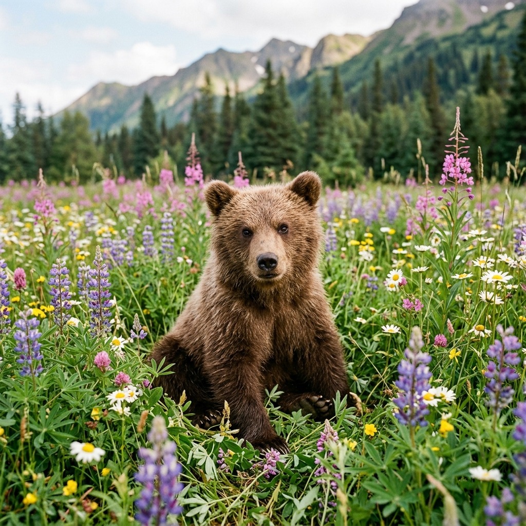 Brown bear cub near wildflowers