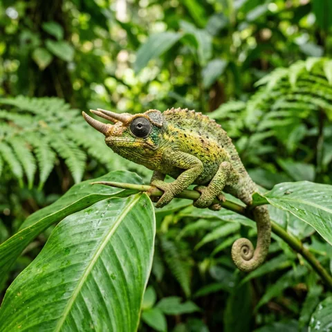Chameleon on an emerald leaf