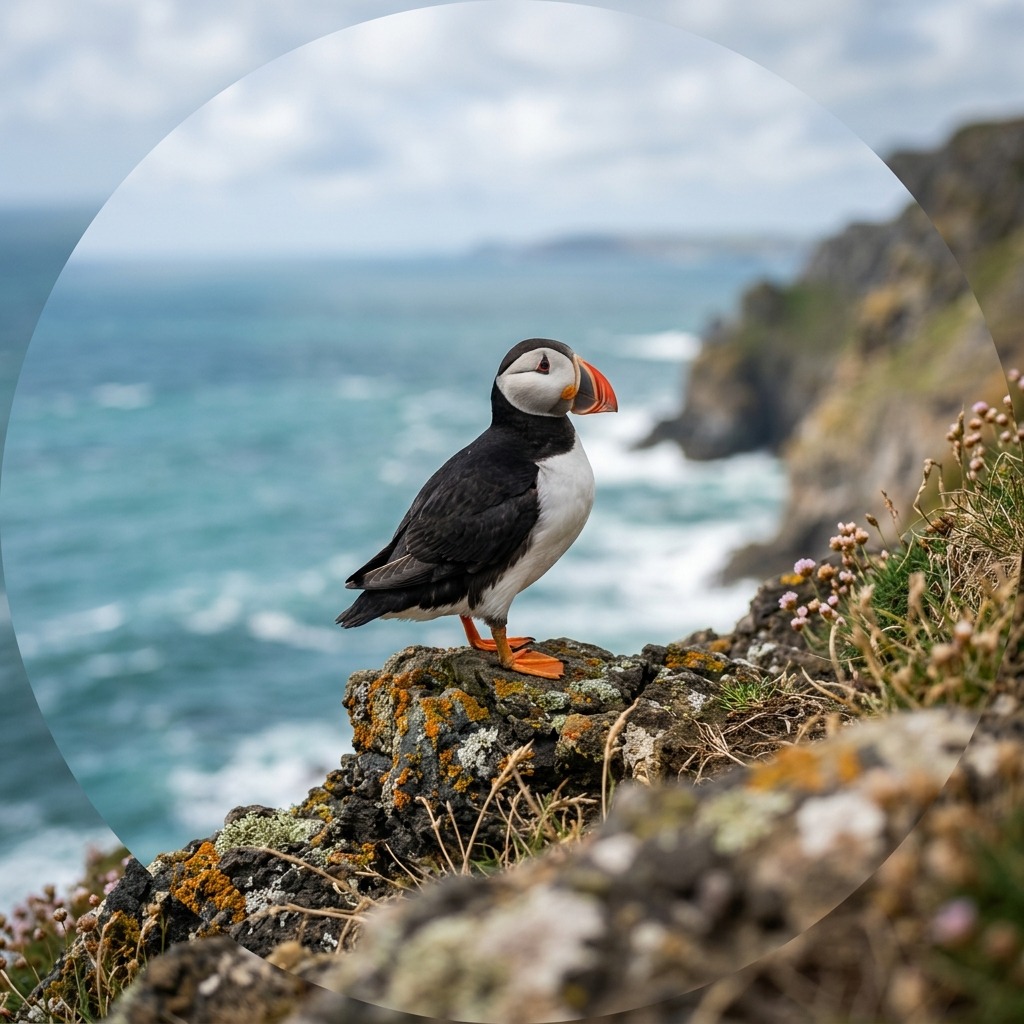 Puffin perched on a coastal cliff