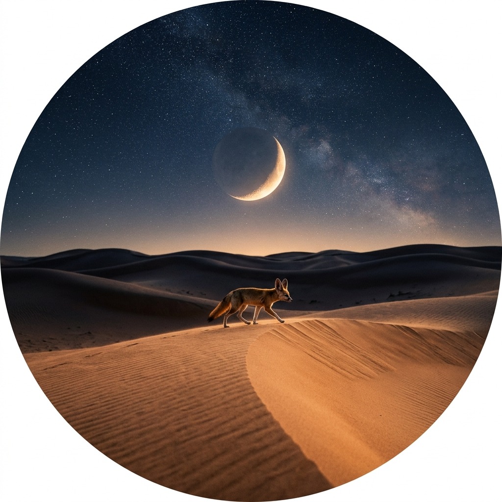 Crescent moon above desert dunes