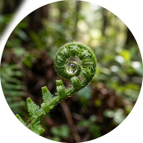 Single dewdrop on a fern unfurling
