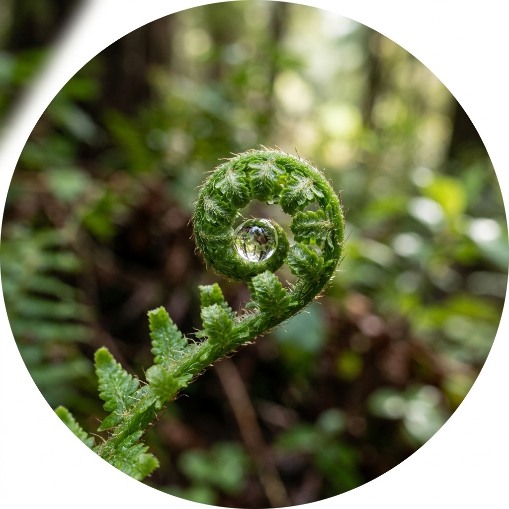Single dewdrop on a fern unfurling